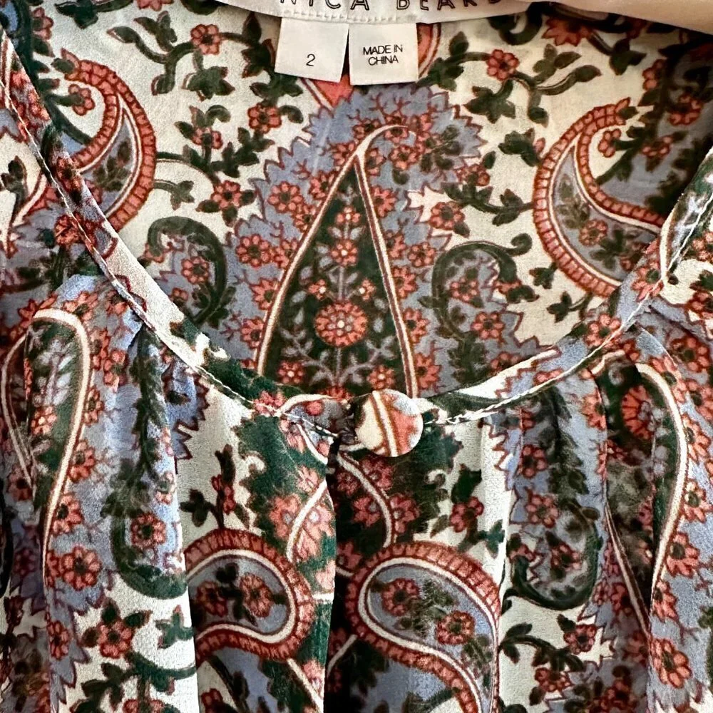 VERONICA BEARD Sazan LS Handkerchief Hem Paisley Dress In Ecru Multi- Size 2 - Picture 7 of 8